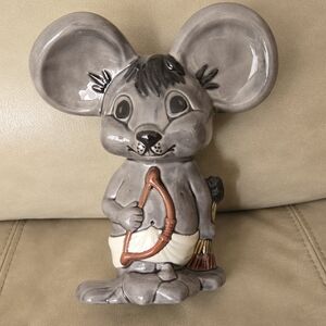 Charming Gray Ceramic Mouse with Bow and Arrow Made By Mountain View Ceramics